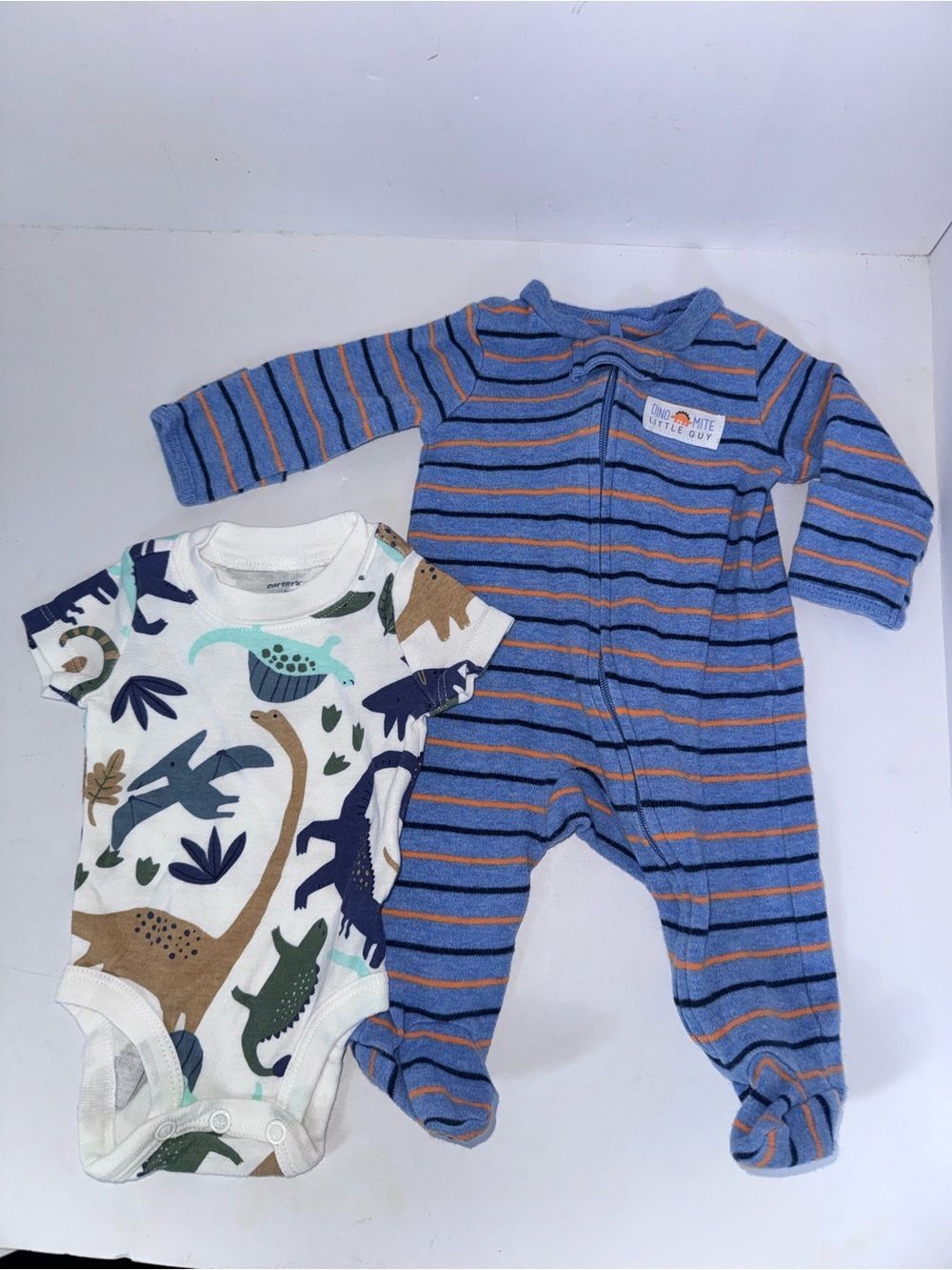 Carter's size newborn Blue Dino Striped Footed One-Piece with matching Bodysuit